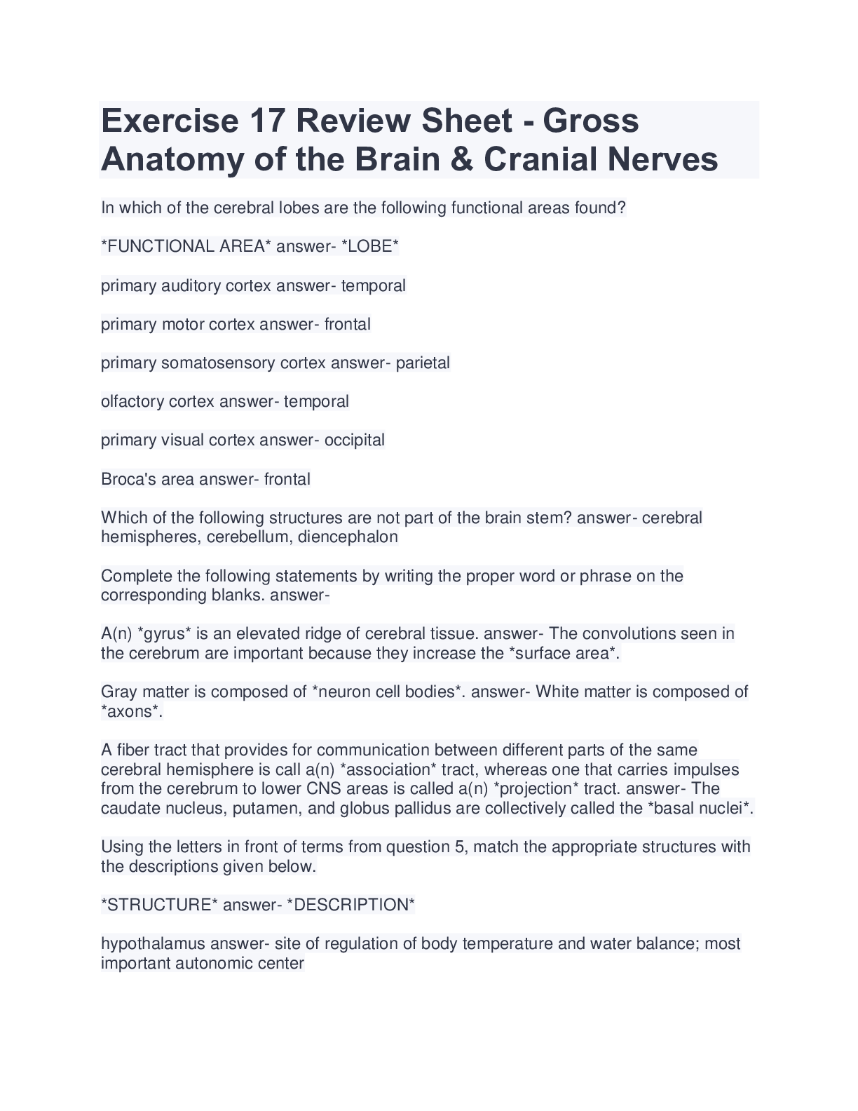 Exercise Review Sheet Gross Anatomy Of The Brain Cranial Nerves